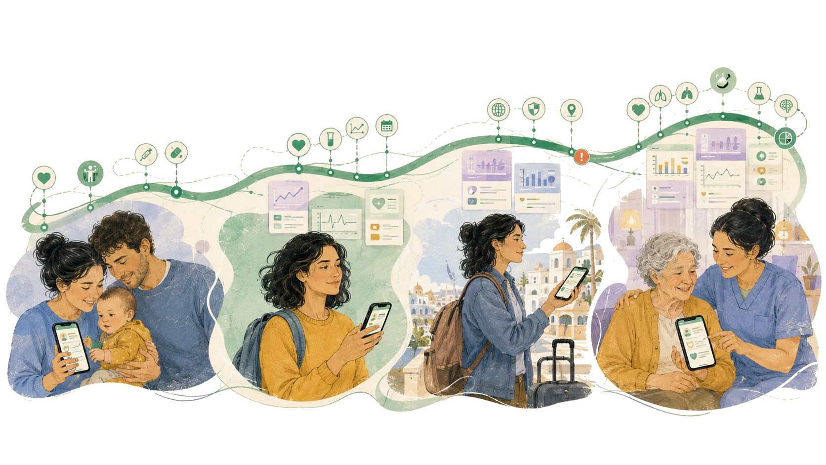A connected health history, from a child with their parents through adulthood to older age.