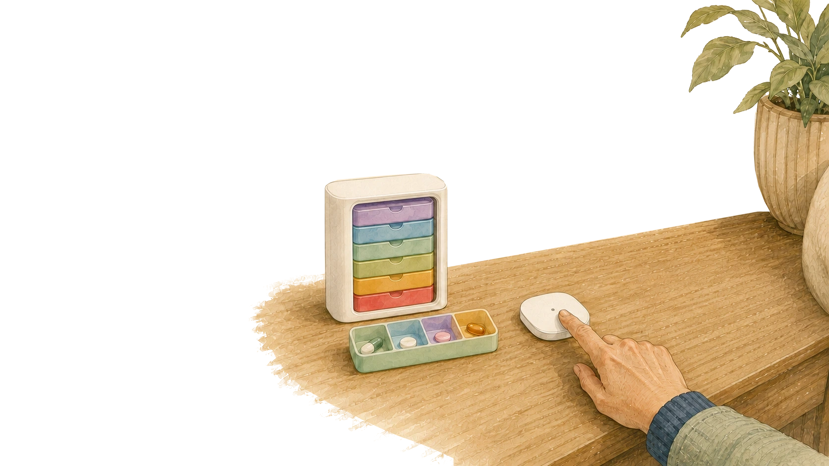 The deck’s pill organiser and colourful daily tray, with a hand pressing a round smart-home button.