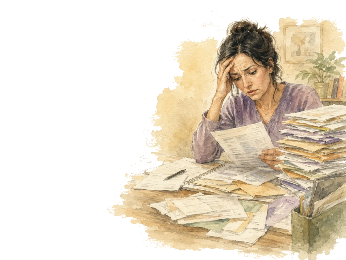 A woman at home overwhelmed by scattered medical paperwork.