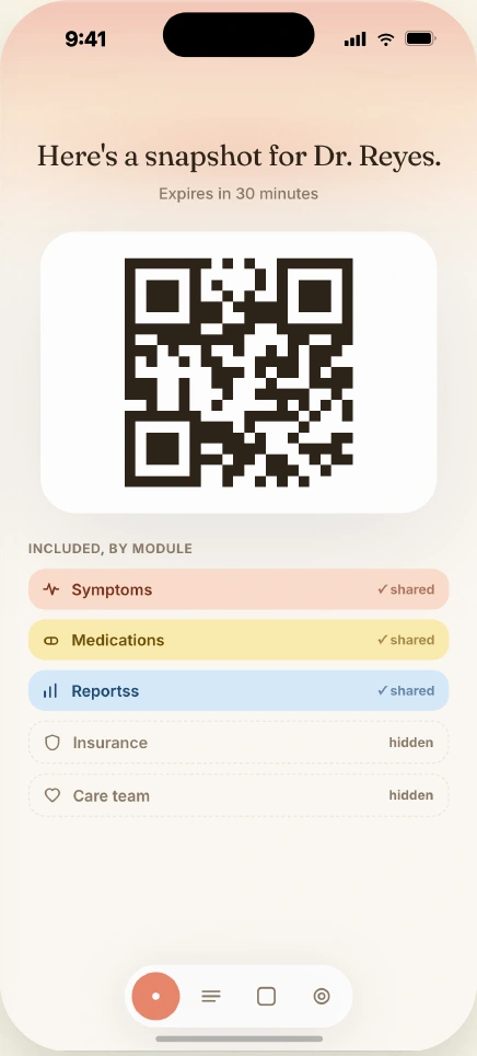 The mobile sharing screen from the deck, with a time-limited QR snapshot and individually selected health modules.